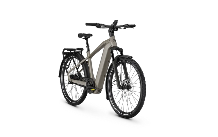 Kalkhoff Entice 5+ Advance Belt Moonstone Grey crossbar – front three-quarter view