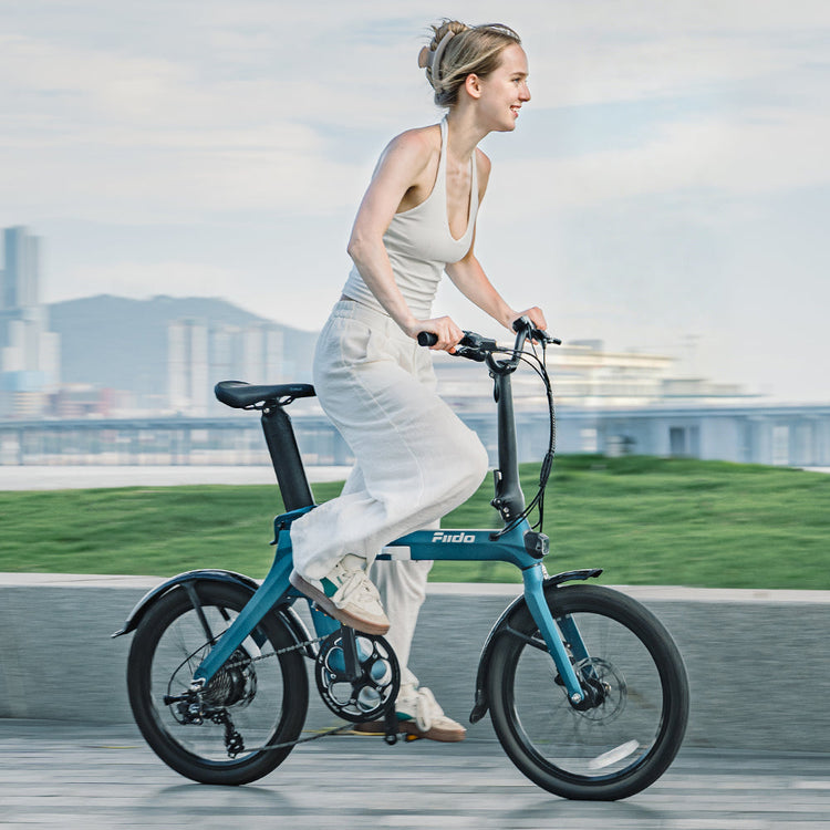 Rider commuting on a blue Fiido X folding electric bike