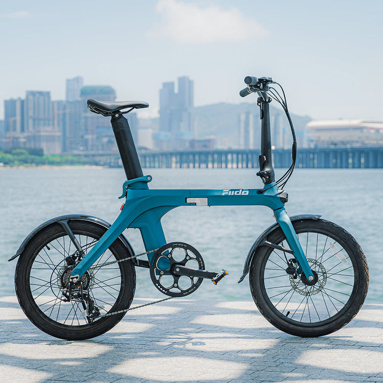 Fiido X blue folding electric bike beside the waterfront