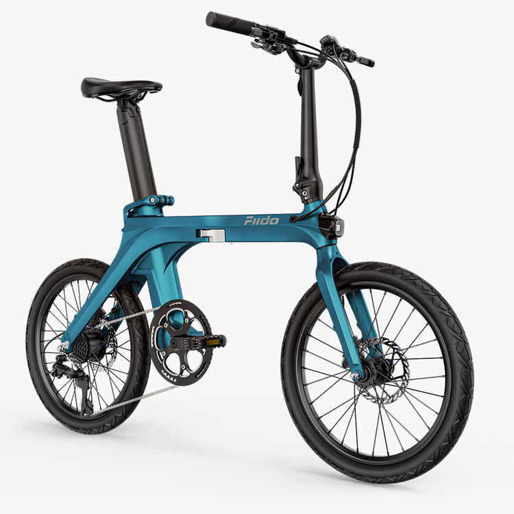 Fiido X blue folding electric bike front three-quarter view