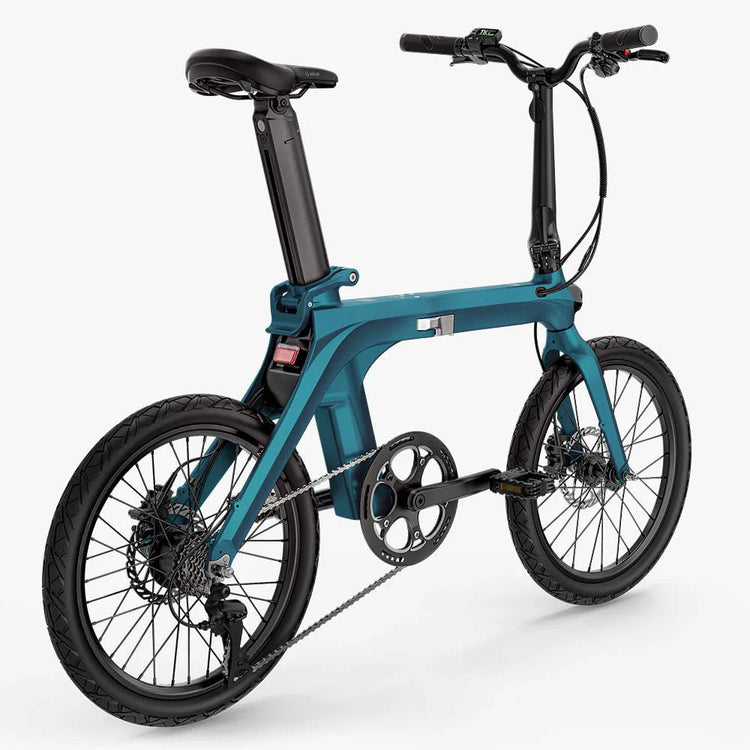 Fiido X blue folding electric bike rear three-quarter view