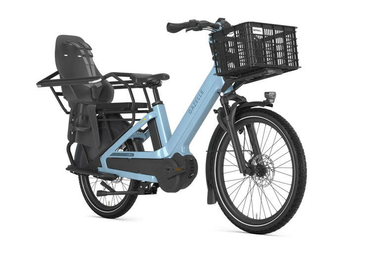 Gazelle Cabby C380 Denim Blue longtail electric bike with front basket and rear child seat