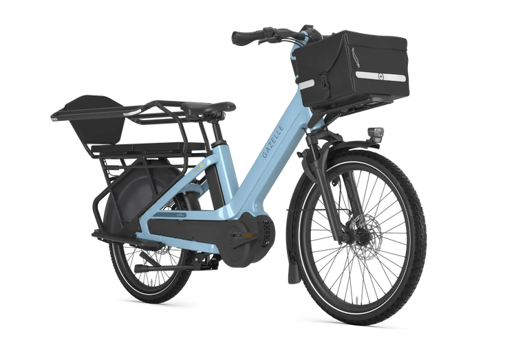 Gazelle Cabby C380 Denim Blue family electric cargo bike with carrying accessories