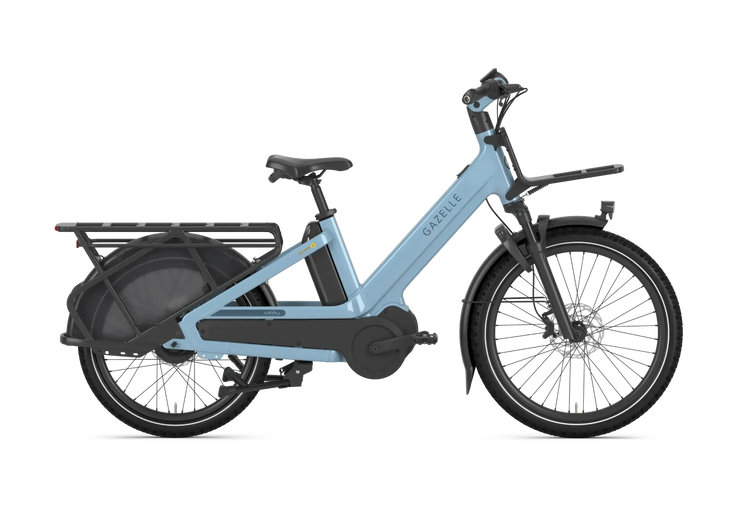 Gazelle Cabby C380 longtail electric cargo bike in Denim Blue Gloss, side view