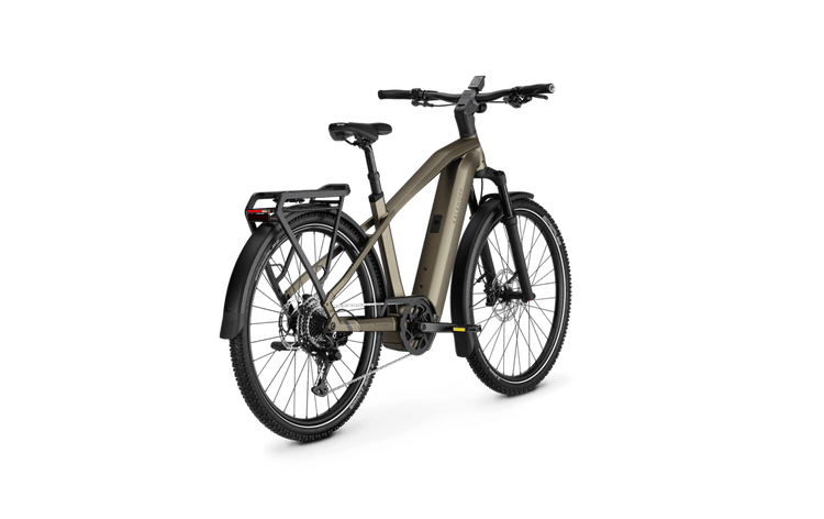 Kalkhoff Entice 5+ Advance 2027 crossbar electric bike in Umber Brown Matt – three-quarter view