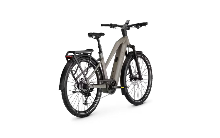 Kalkhoff Entice 5+ Advance 2027 Trapeze electric bike in Moonstone Grey Matt – three-quarter view