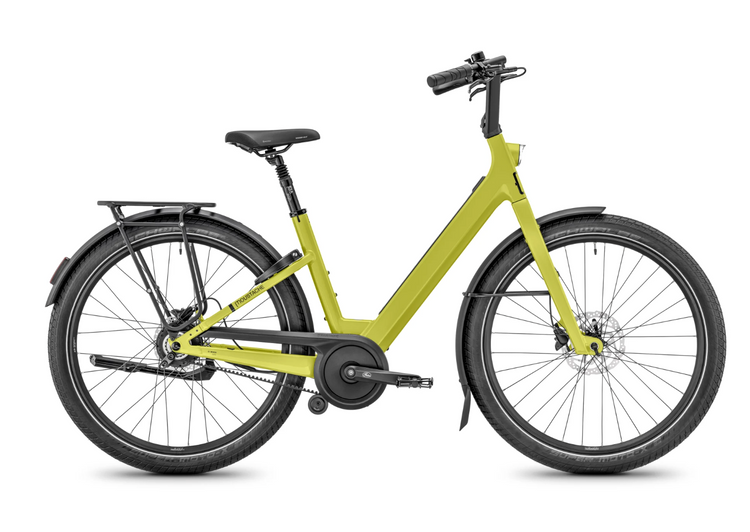 Moustache Lundi 27 Belt 2027 electric city bike in Avocado glossy – drive-side view