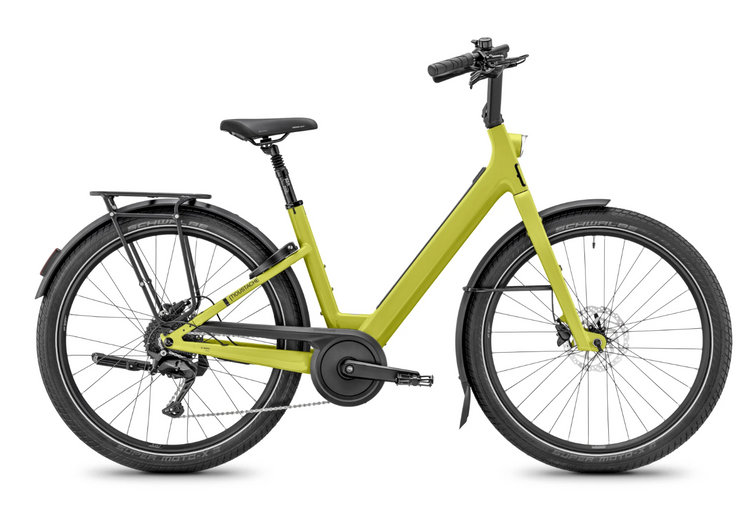Moustache Lundi 27 Chain 2027 electric city bike in Avocado glossy – drive-side view