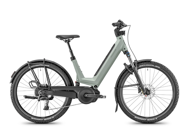 Moustache Xroad 4 FS 2027 electric bike in Green Argile Metal, full-suspension low-step side view