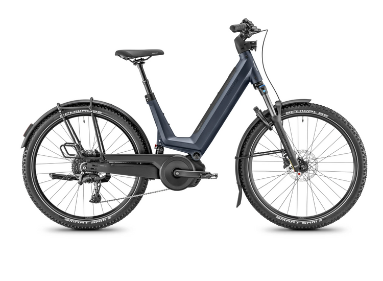 Moustache Xroad 4 FS 2027 electric bike in Marine Blue Mat, full-suspension low-step side view