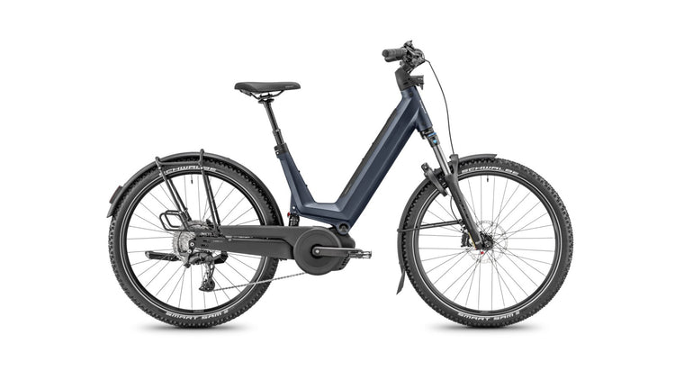 Moustache Xroad 6 FS 2027 electric bike in Marine Blue Mat, full-suspension low-step side view