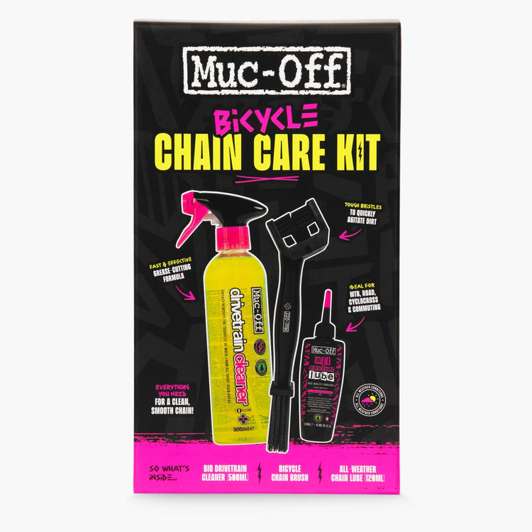 Muc-Off Bicycle Chain Care Kit retail box with cleaner, brush and lubricant