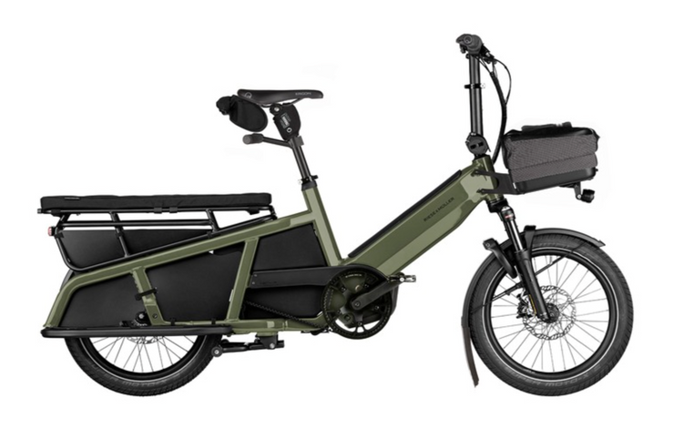 Riese & Müller Multitinker2 in Olive and Black showing an optional front bag