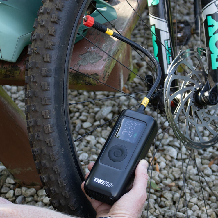 Truflo Electron Max inflating a mountain bike tyre