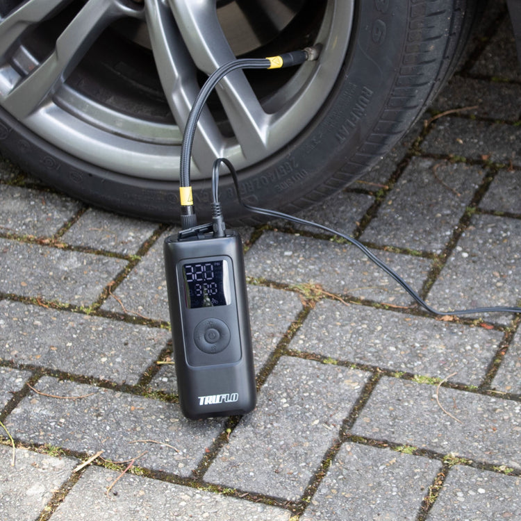 Truflo Electron Max inflating a car tyre in 12 volt mode